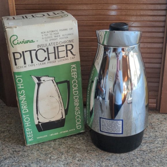 Vintage Riviera Insulated Chrome Pitcher 1 Quart Never Used Original Box - Picture 9 of 14
